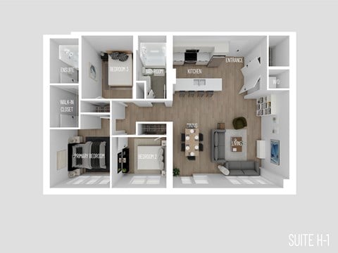 Floor plan for 3 beds, 2 baths, 1220 sqft